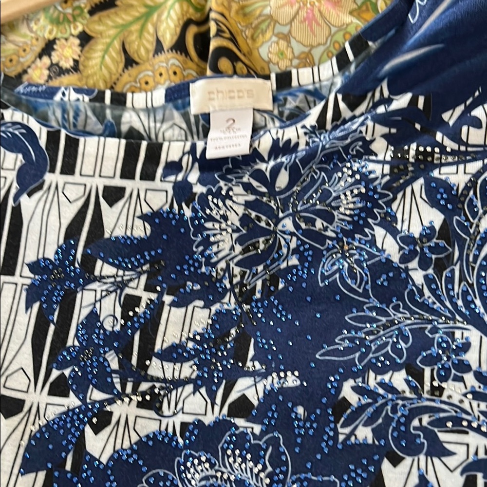 Chico's Navy and White Botanical Blouse